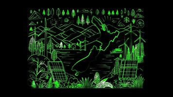Neon frame effect symbolizing New Zealands nickname clean and green, designed, glow, black background. video