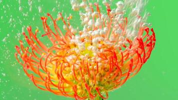 Stream of bubbles on flower under water. Stock footage. Refreshing flow of bubbles under water with flower. Bright exotic flower under water with bubbles on isolated background video