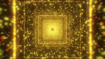 Yellow background. Motion. Various flying shiny particles in abstraction and huge squares that move forward along the background like an endless path. video