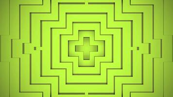 Abstract architecture background with green and yellow 3D cross shapes narrowing down. Design. Slowly moving silhouettes. video