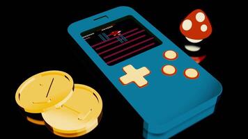 Abstract retro background with a blue tetris and a game on its screen, gold coins and fly agaric mushroom. Design. Concept of old fashioned games. video