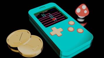 3D portable retro console. Design. Retro animation with prefix and coins on black background. Stylish 3d animation with mini console in retro style video