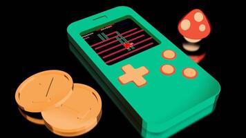 3D portable retro console. Design. Retro animation with prefix and coins on black background. Stylish 3d animation with mini console in retro style video