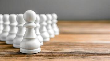 White chess pieces arranged on wood board, poised for strategic showdown of intellects, photo