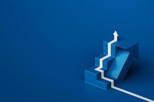 Minimalist 3D rendering of an upward arrow and stairs on blue background, representing success and achievement photo