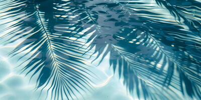 Tropical palm leaves shadow on blue water surface in swimming pool. Summer vacation at the beach, recreation, tourism and sea travel concept. Beautiful abstract background with copy space. photo