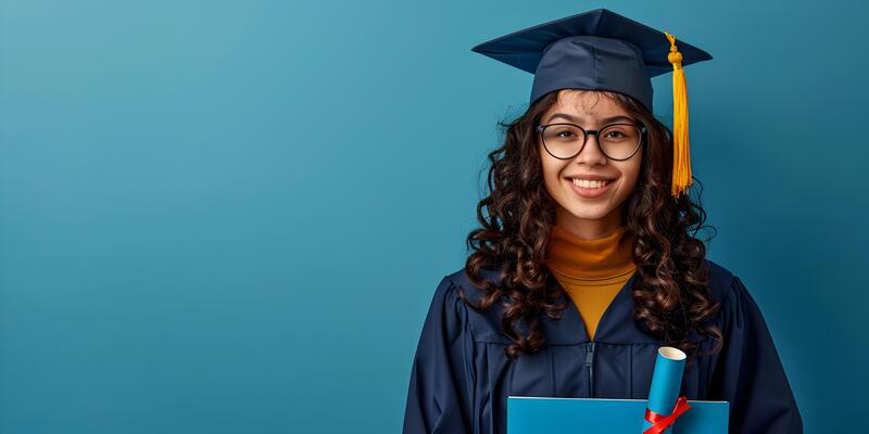 Cheerful young woman graduate portrait in mortarboard and bachelor gown, graduation ceremony concept. Congratulation the graduates in University, education background with copy space.