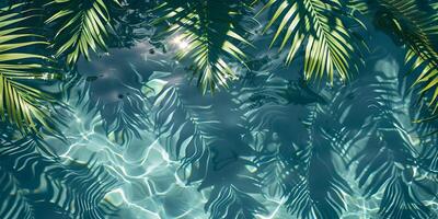Tropical palm leaves with shadow on blue water surface in swimming pool. Summer vacation at the beach, recreation, tourism and sea travel concept. Beautiful abstract background with copy space. photo