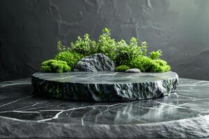 Black marble podium scene with green moss, geometric presentation platform mockup, stand to show cosmetic product showcase on pedestal display. Lights and shadows background, minimal presentation. photo