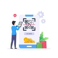 People paying with QR code in supermarket, clothing store and hardware store. vector