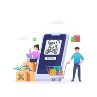People paying with QR code in supermarket, clothing store and hardware store. vector