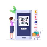 People paying with QR code in supermarket, clothing store and hardware store. vector