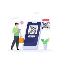 People paying with QR code in supermarket, clothing store and hardware store. vector