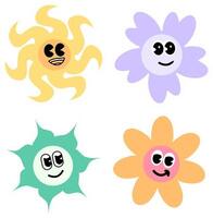 several colorful flower and sun icons in groovy style vector