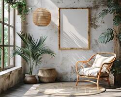 Frame Mock-up in Cozy Corner With Wicker Chair, Blanket and Plants in a Serene Indoor Setting photo