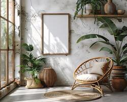 Empty Frame mock-up, blank frame Template, Frame Mock-up in Cozy Corner With Wicker Chair, Blanket and Plants in a Serene Indoor Setting photo