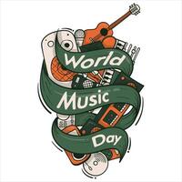 World music day typography design in flying banner with retro colorful design for music day celebration on june 21 vector