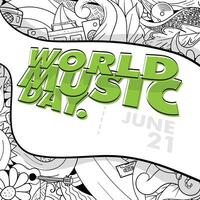 World music day in flat green typography design with music tools ornamental background for world music day design or other music event vector
