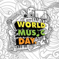 World music day in 3d typography design with doodle art of audio equipment and line art ornamental background for music event design vector