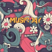 Music Day typography design with colorful ornamental background in retro concept for world music day campaign design or other music event vector