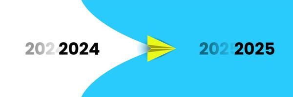 Yellow airplane flying from Year 2024 to Year 2025. New year idea concept with Business creativity new idea discovery innovation technology. vector