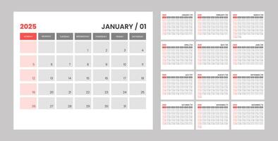 Monthly calendar template for 2025 year. Editable text calendar 2025. Wall calendar in a minimalist style. Week Starts on Sunday. Planner for 2025 year. vector
