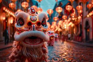 Chinese Lion Dance in the Middle of a Street photo