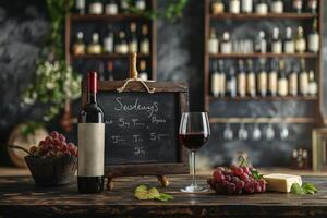 Wooden Table With Wine Bottle and Glass photo