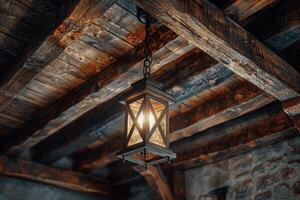 Lantern Hanging From Ceiling of Rustic Building photo