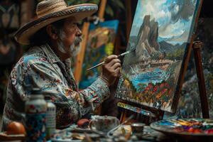 Man With Straw Hat Painting on Canvas photo
