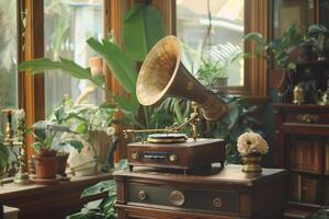 Vintage Record Player on Desk photo