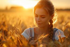 Woman Standing in Wheat Field Checking Cell Phone photo