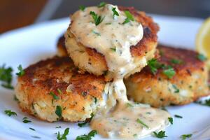 Plate of Crab Cakes With Drizzled Sauce photo