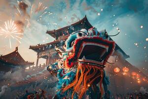 Chinese Lion Dance With Fireworks photo