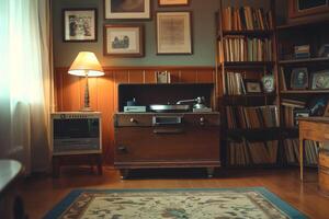 Classic Living Room With Bookshelf and Record Player photo