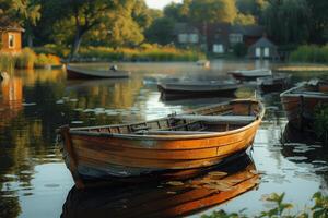 Line of Boats Floating on Lake photo