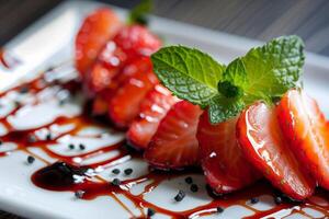 Sliced Strawberries on White Plate With Syrup photo