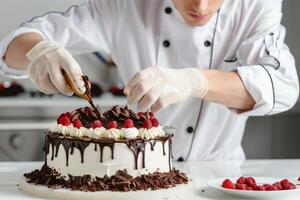 Chef Decorating Cake With Chocolate and Raspberries photo