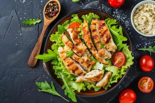 pollo ensalada con Tomates, lechuga, y vendaje foto
