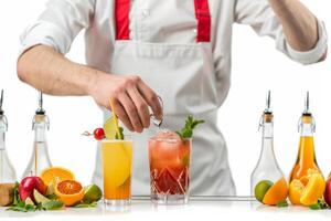 Man in Apron Making a Cocktail photo