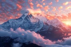 Cloud-Covered Mountain at Sunset photo