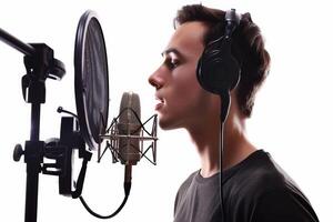 Man Singing Into Microphone With Headphones photo