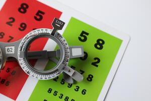 Trial frame glasses for eye test on chart in optical store photo