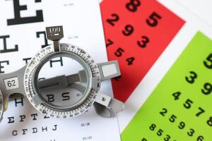 Trial frame glasses for eye test on chart in optical store photo