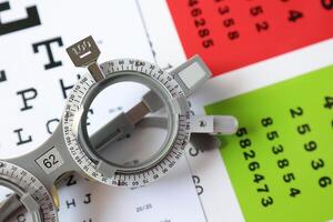Trial frame glasses for eye test on chart in optical store photo