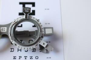 Trial frame glasses for eye test on chart in optical store photo