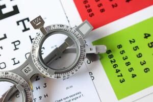 Trial frame glasses for eye test on chart in optical store photo