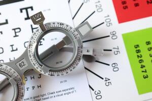 Trial frame glasses for eye test on chart in optical store photo