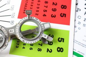Trial frame glasses for eye test on chart in optical store photo