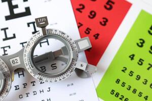Trial frame glasses for eye test on chart in optical store photo